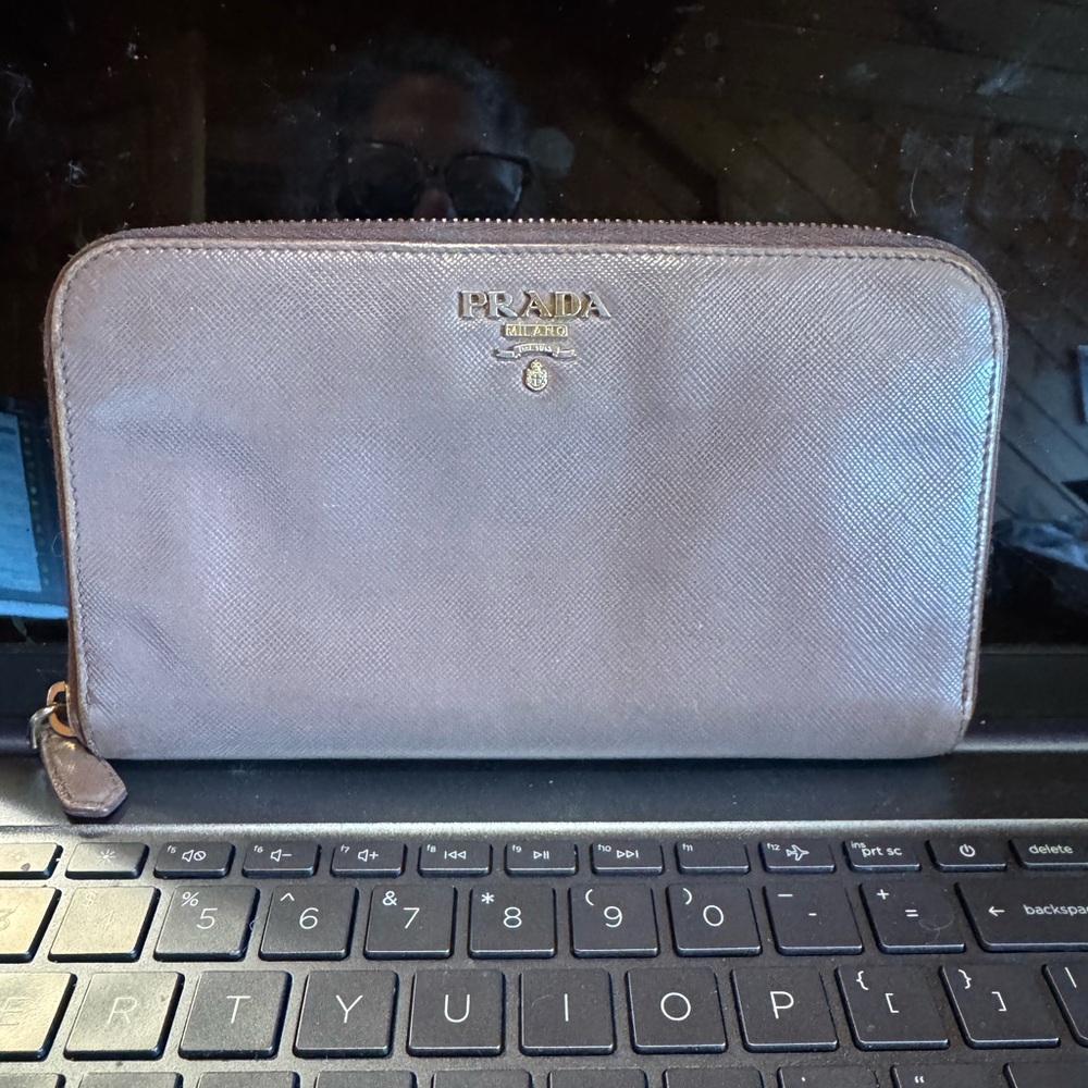 Prada Metallic Taupe Saffiano Zip Wallet with Gold Logo